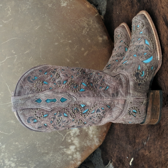 CORRAL A1149 brown studded leather cowgirl western boots turquoise inlay sz 7 - Picture 6 of 16